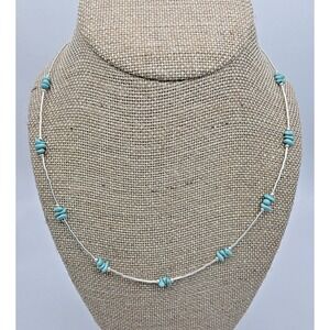Genuine Turquoise Chips Liquid Silver 925 Necklace 18" Dainty Beautiful Native A